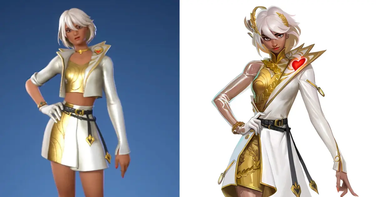 fortnite chapter 5 season 2 aphrodite skin in-game model and concept art side by side