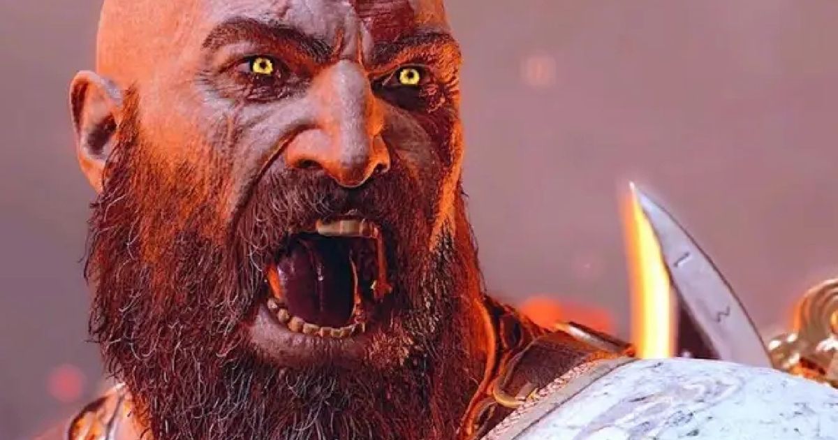 Kratos from God of War Ragnarok screaming at the camera 