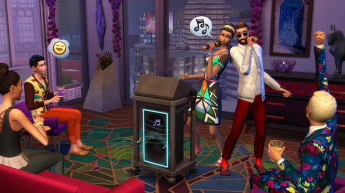Sims 4 City Living. Two Sims doing Karaoke with three sims watching them.