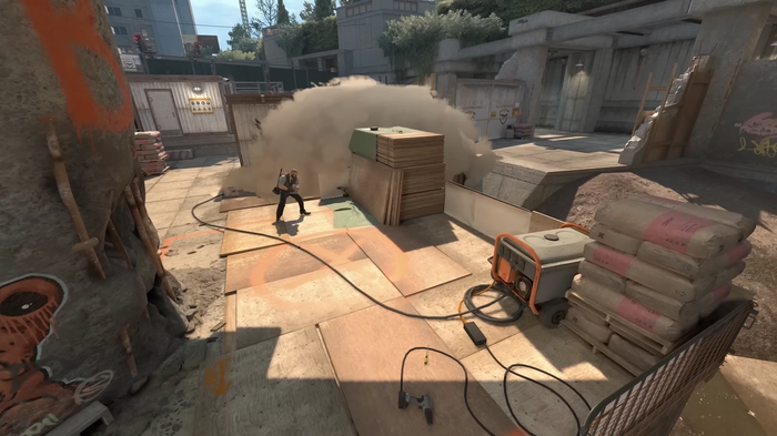 A shot of the Counter Strike map "Overpass" B site. 