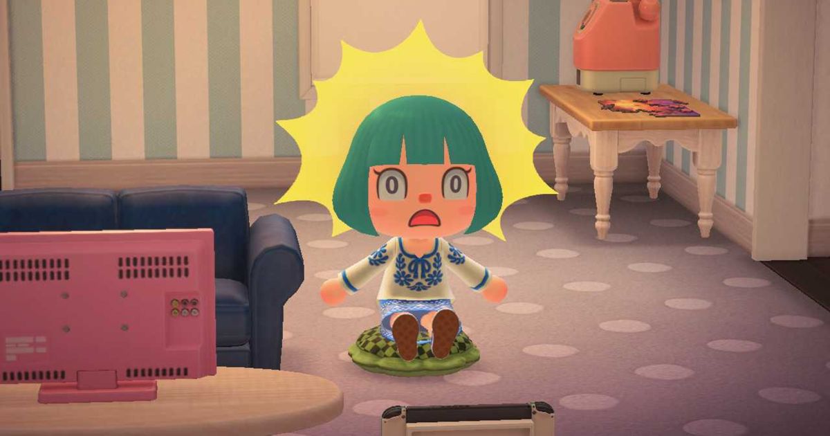 Animal Crossing New Horizons. The player is expressing shock after sitting on a whoopee cushion in their living room.