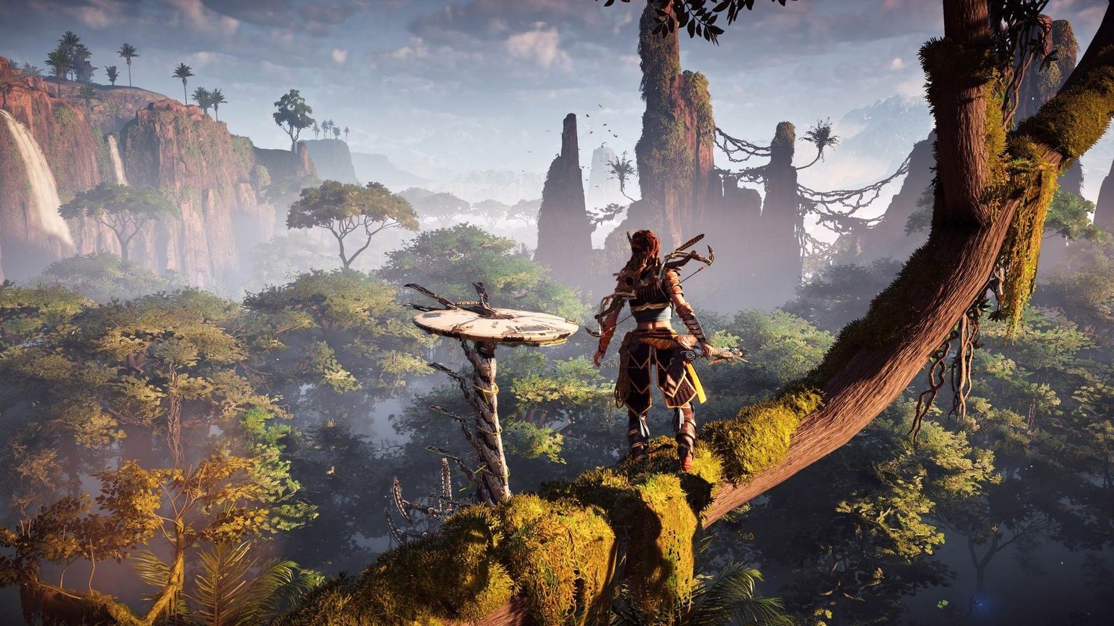 horizon zero dawn aloy on tree looking over forest with back turned