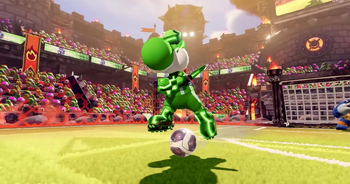 Image of Yoshi standing on the ball in Mario Strikers: Battle League.