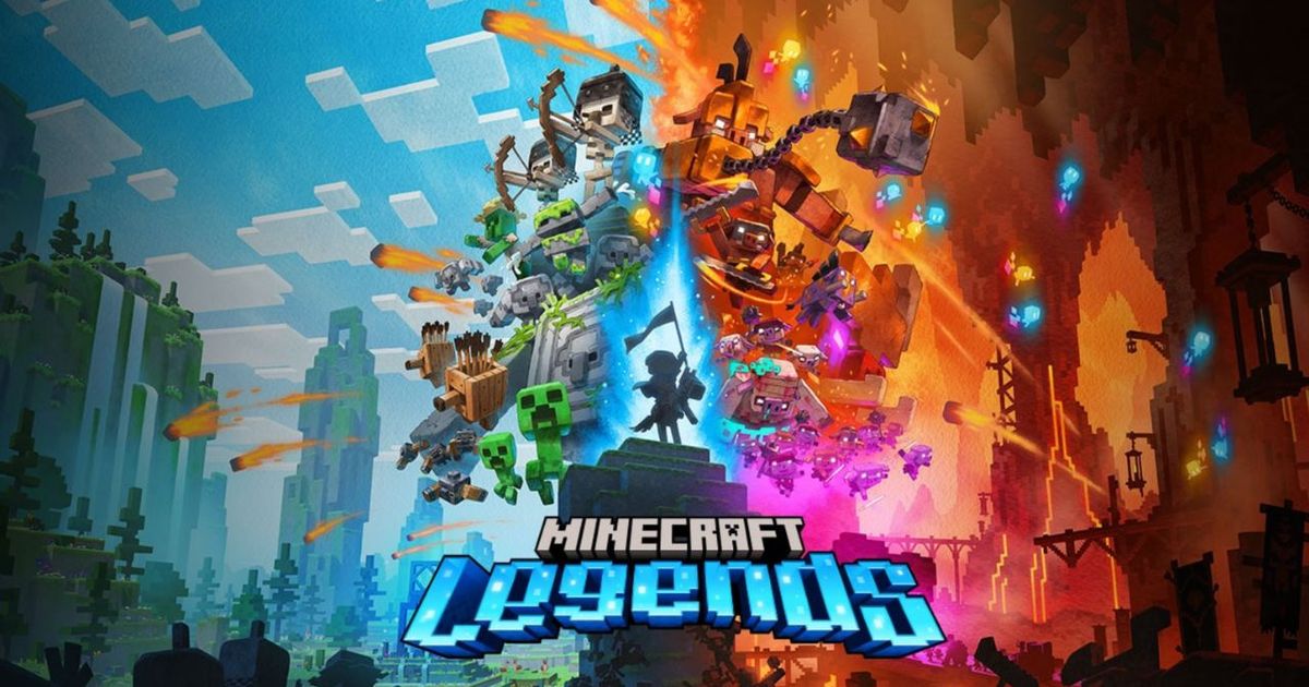 Promotional art from the Minecraft Legends game showing light and dark sides of a biome.