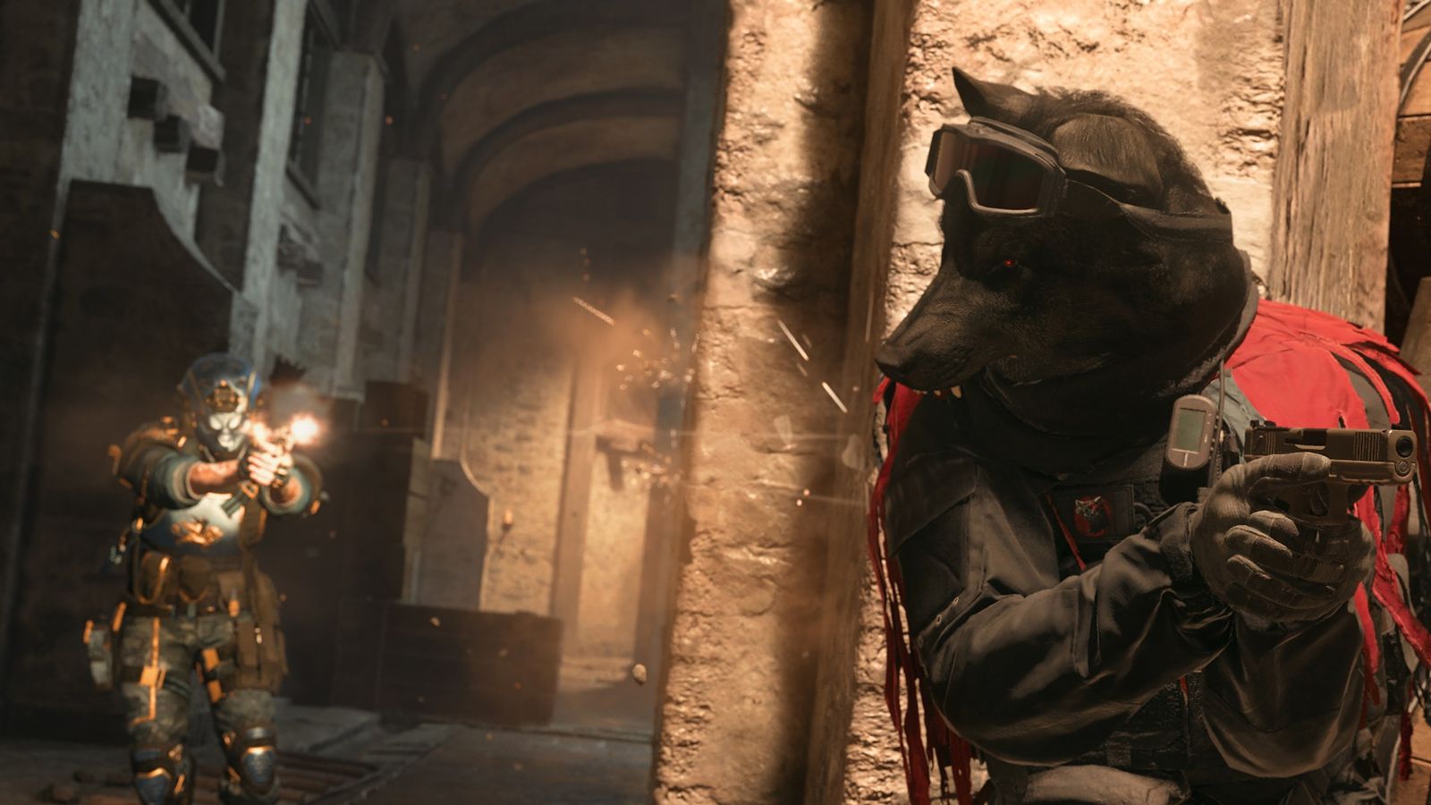 Screnshot of Warzone player dressed as a wolf hiding behind a wall holding a pistol with another Warzone player firing gun in background