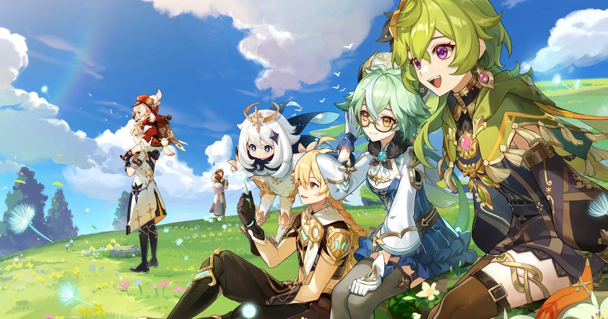 Genshin Impact image of a group of characters with different hair colours, including white, green, blonde, etc., on a grass hill.