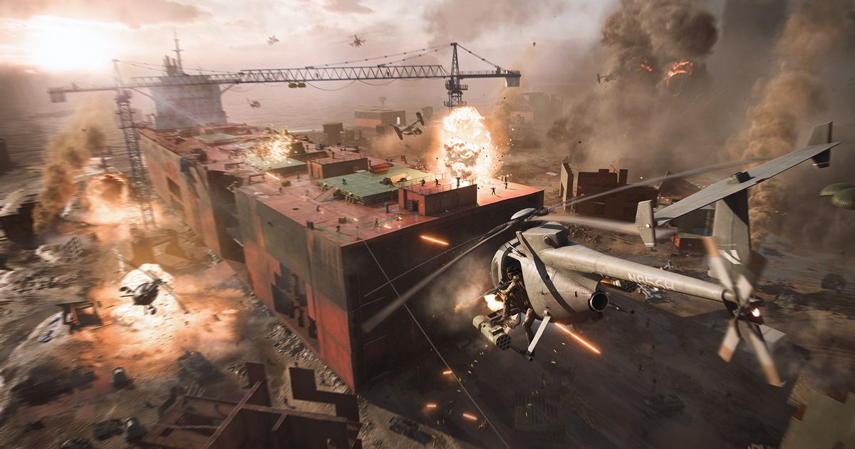 A Battlefield 2042 helicopter shoots at a bunch of soldiers battling on the rooftop.