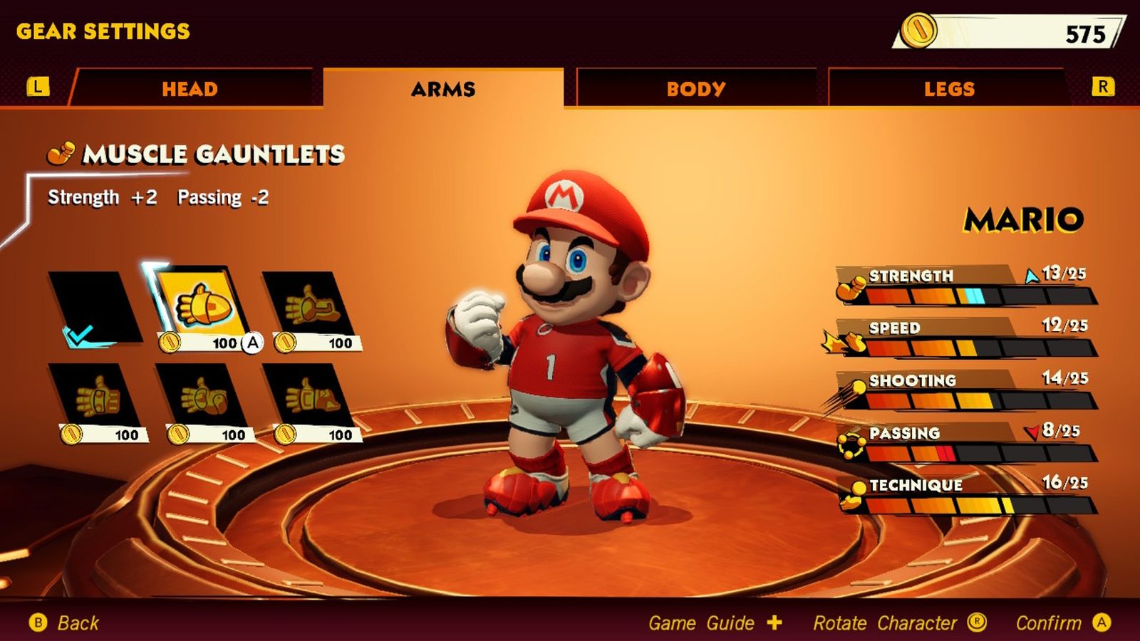Image of the Gear Settings menu in Mario Strikers: Battle League.