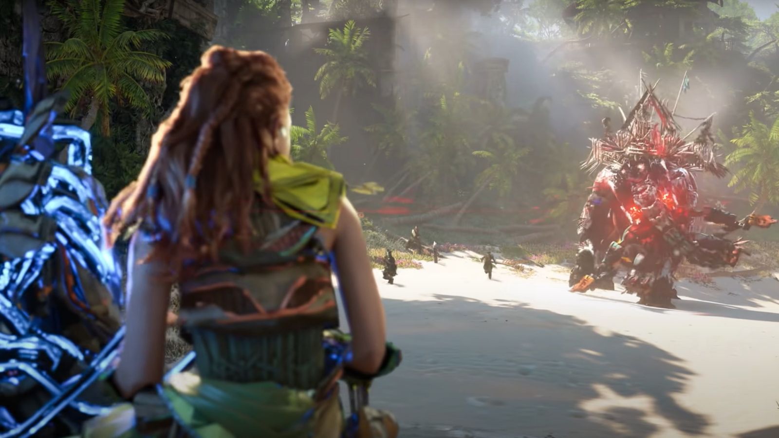 Horizon Forbidden West Aloy is riding a machine and facing a Tremortusk being controlled by rebel raiders