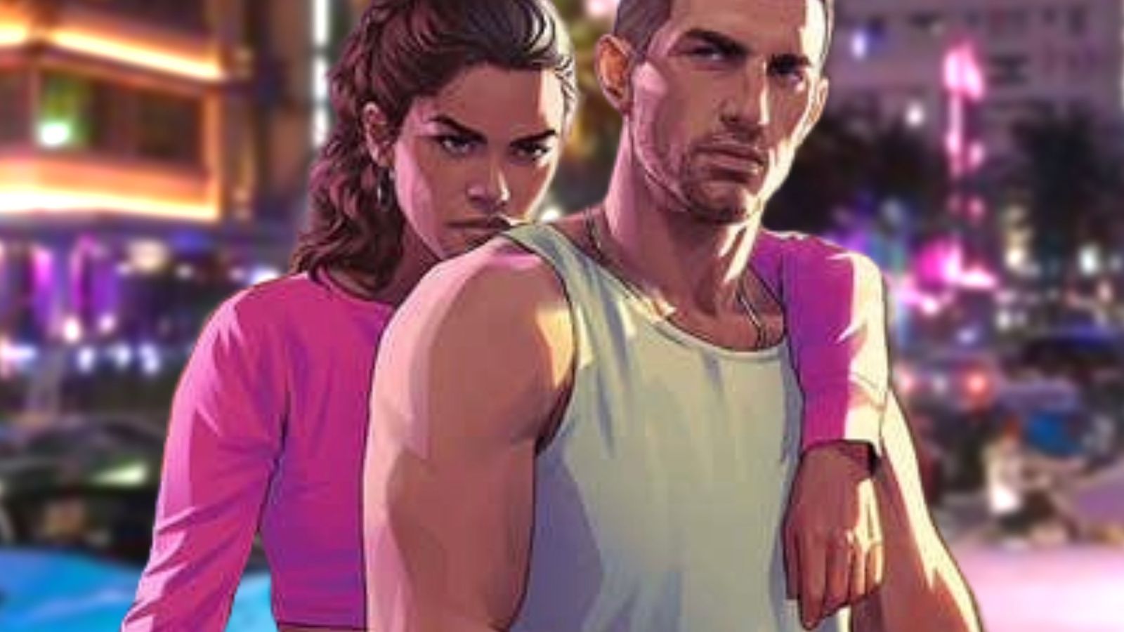 GTA 6 release window confirmed - the two protagonists standing in front of a busy Vice City street 