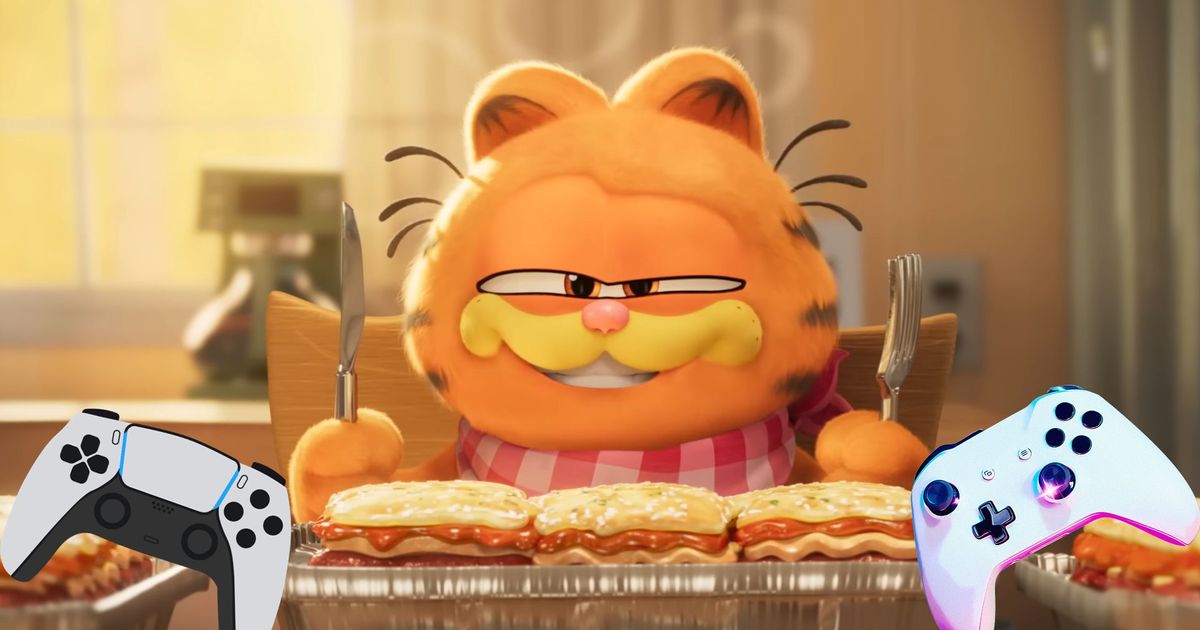 Garfield eating a lasagne with two console controllers edited into the image