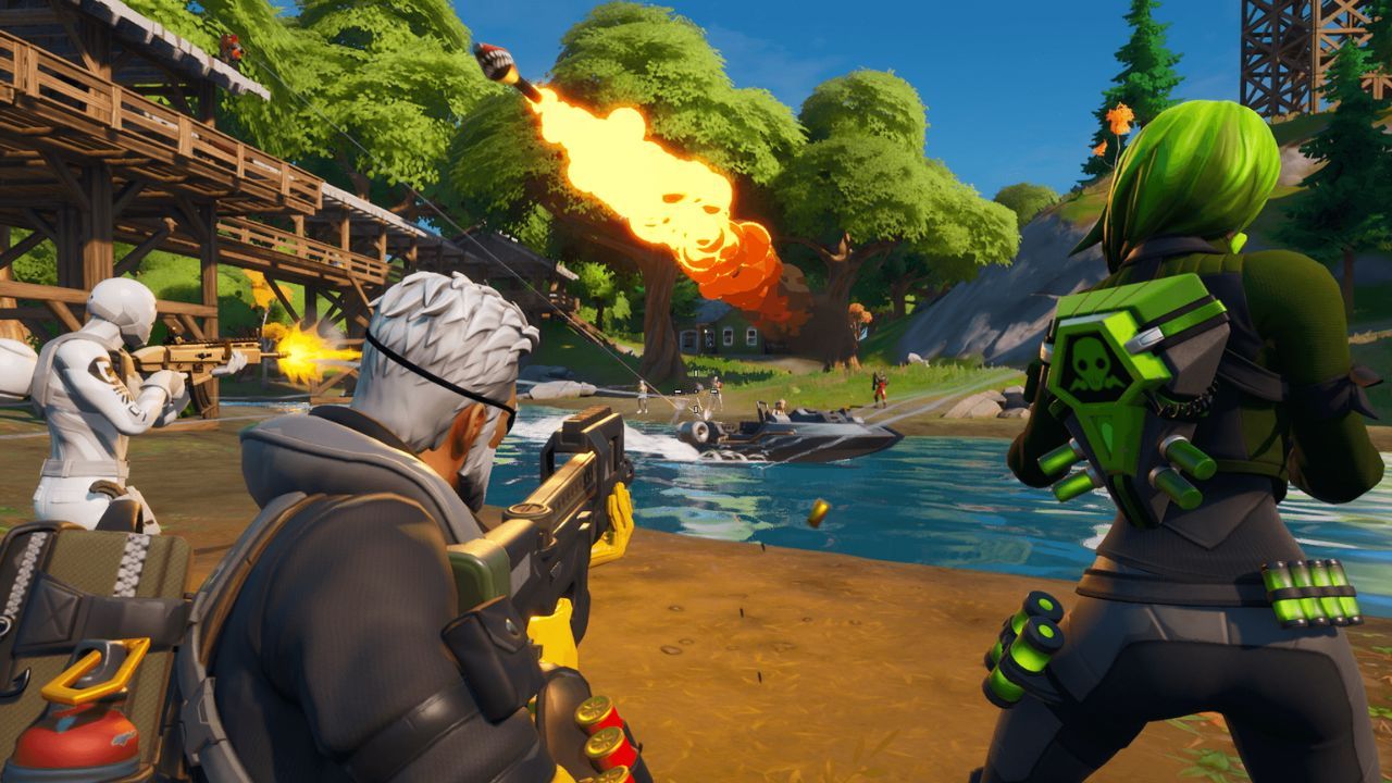 Multiple heroes are fighting each other in Fortnite.