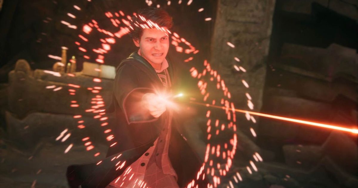 A male character is using a spell in Hogwarts Legacy
