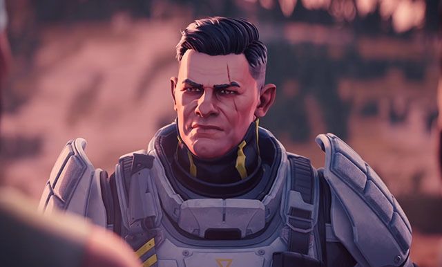 Screenshot of Commander Scryer in Titanfall behind a red and brown background
