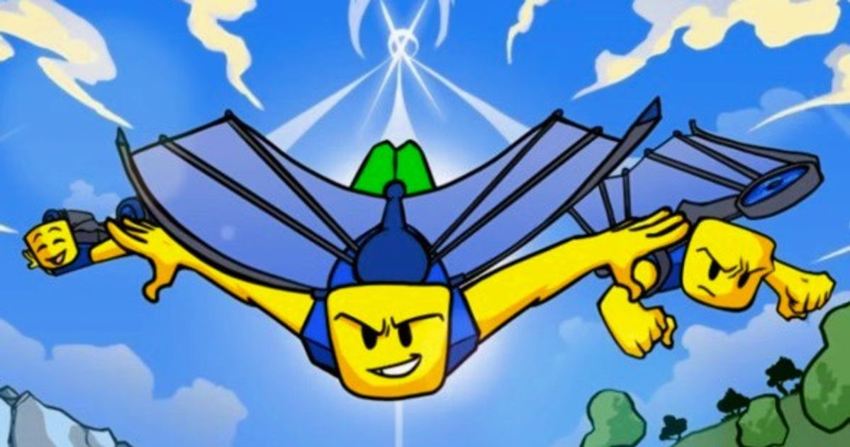 glider simulator artwork with three characters gliding through the air above trees and fields