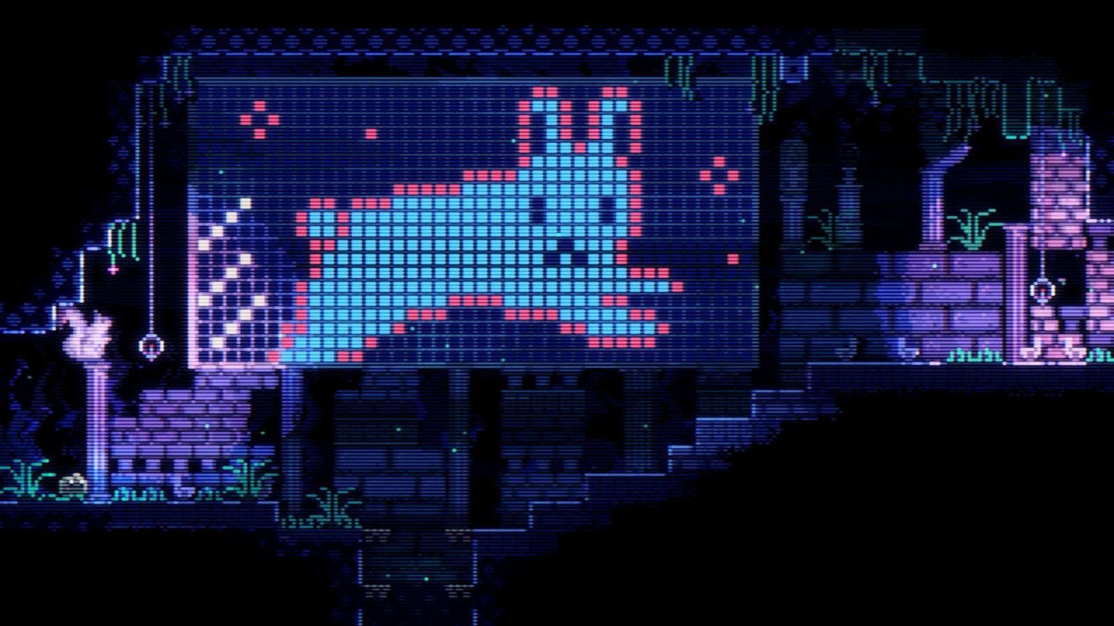 A large blue and red rabbit on a screen in the back wall of a cave in Animal Well.