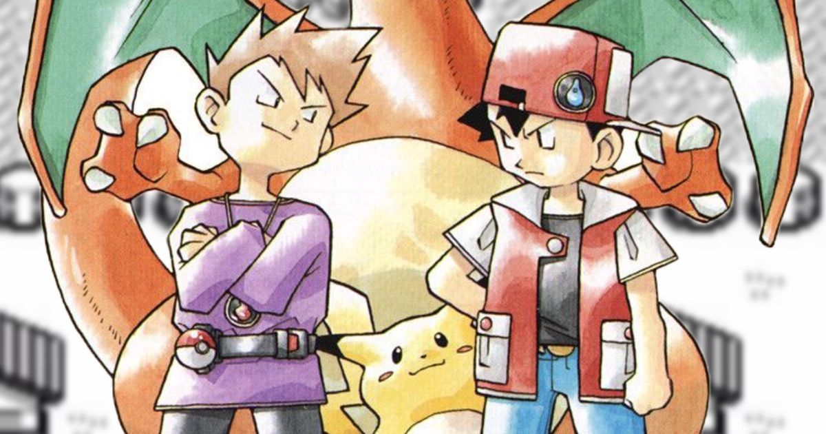 Pokémon Red concept art showing Red and Blue and Pikachu superimposed on a gameplay image of Pallet Town