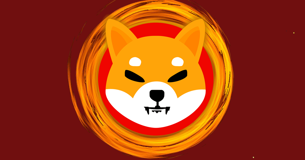 Shiba Inu logo in a burning circle against red background