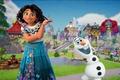 Mirabel and Olaf in front of a village in Disney Dreamlight Valley
