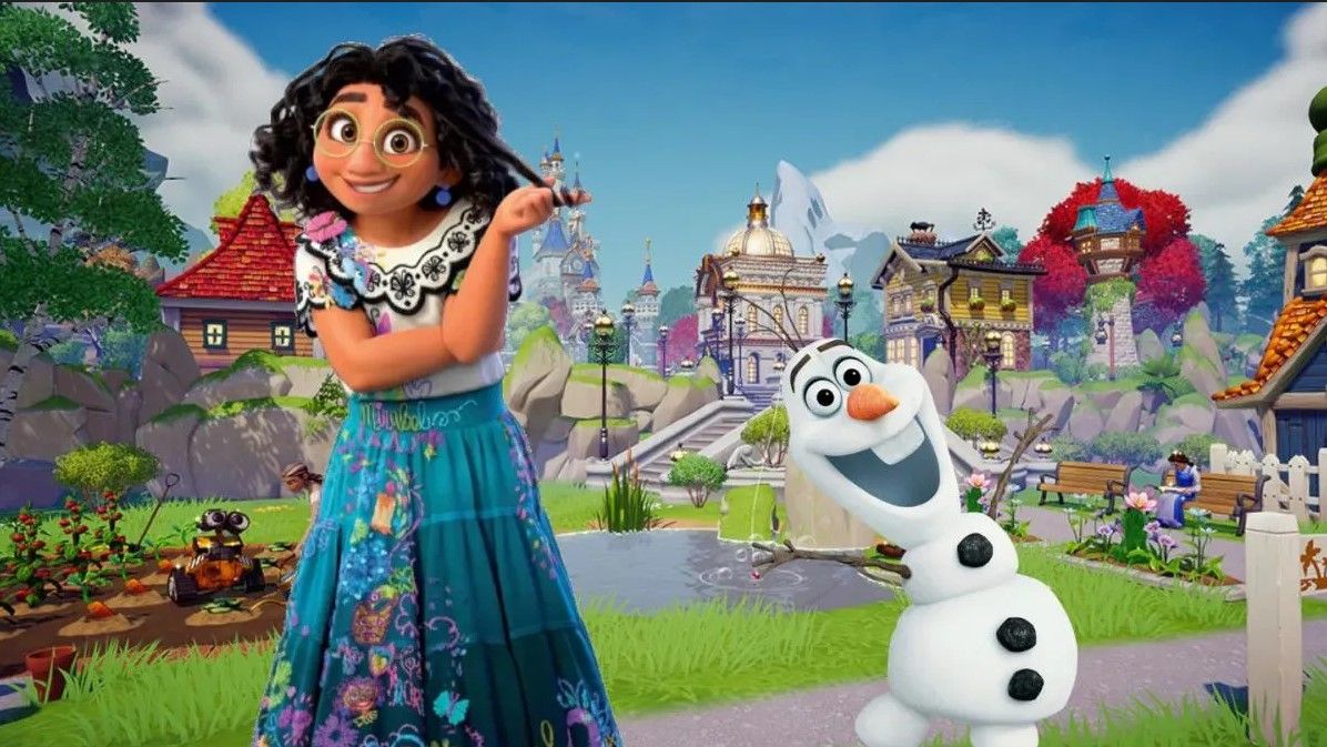 Mirabel and Olaf in front of a village in Disney Dreamlight Valley