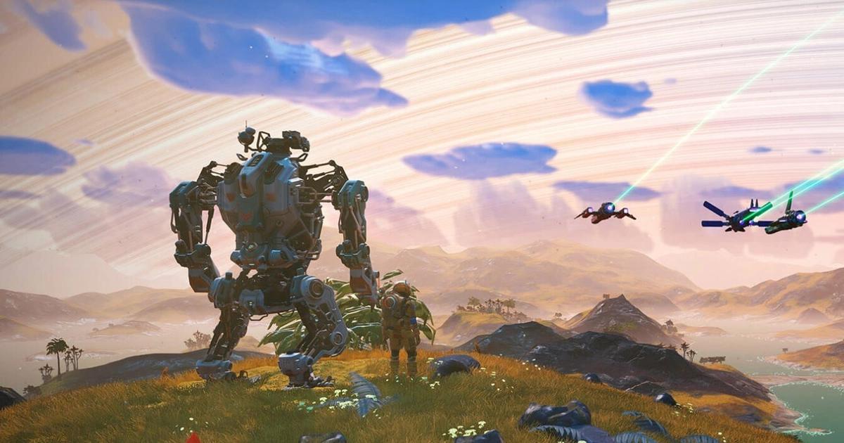 A player and their Mech Suit Exocraft overlook flying Starships in No Man's Sky.