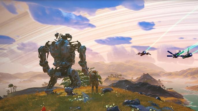 A player and their Mech Suit Exocraft overlook flying Starships in No Man's Sky.