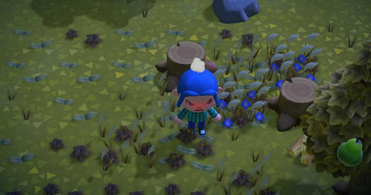 A player surrounded by weeds after time travelling in Animal Crossing: New Horizons.