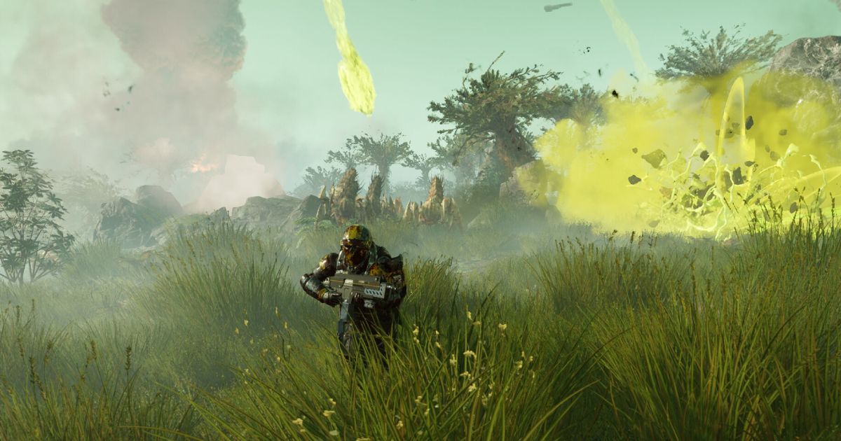 An armoured solider running from alien creatures and falling green meteor-like objects from the sky.