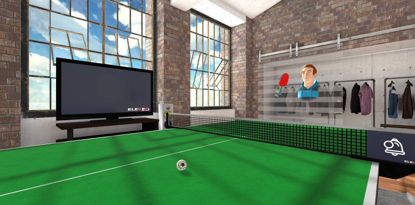 A green table tennis table in Eleven Table Tennis with a floating character holding a paddle at the end.