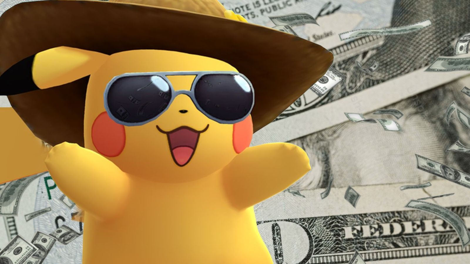 a pikachu wearing sunglasses and a hat is standing in front of a pile of money .