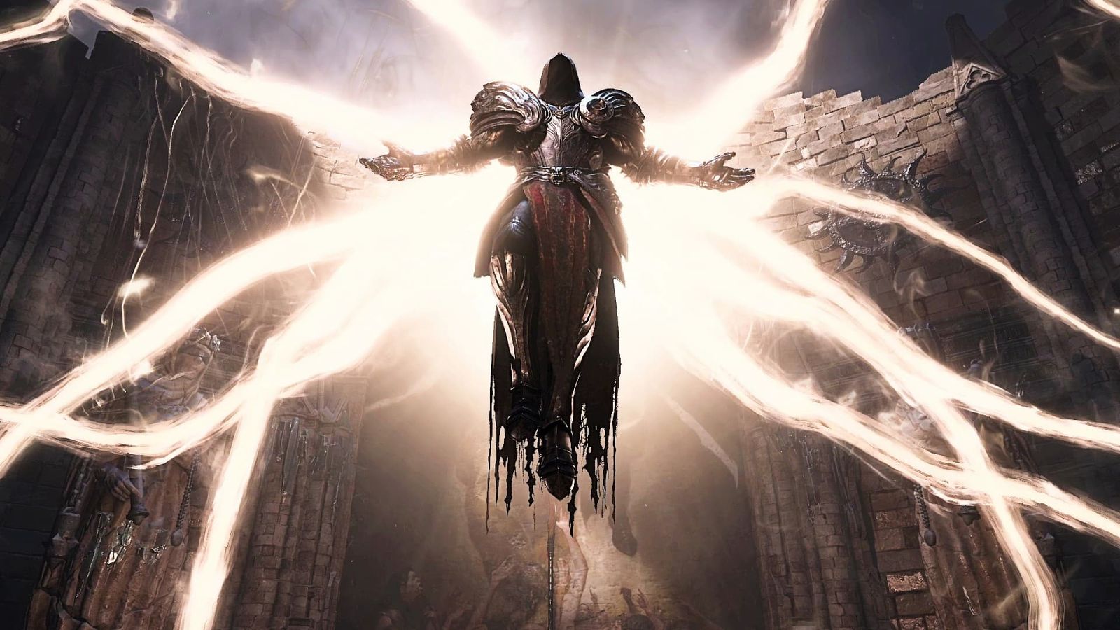 A flying character with glowing tendrils coming from him, a Diablo 4 promotional image.