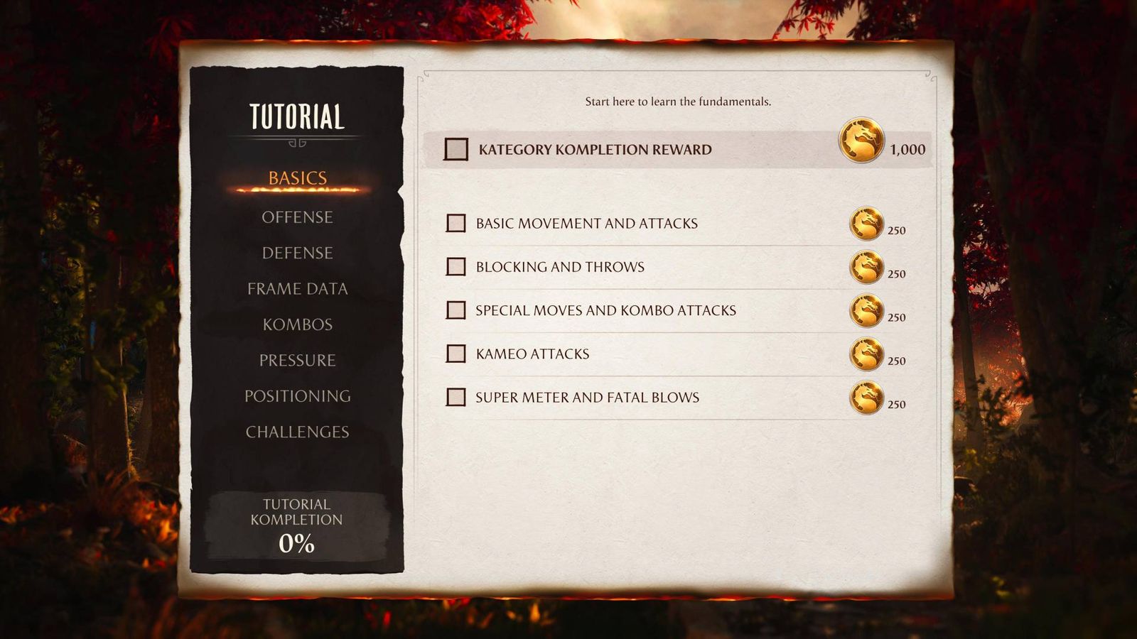 The tutorial screen in Mortal Kombat 1.