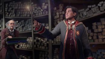 a man is holding a wand in a store