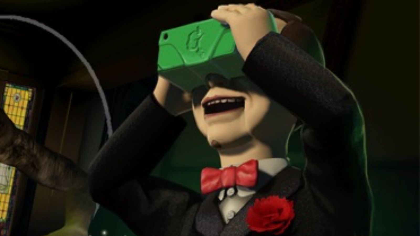 Screenshot from Goosebumps, showing Slappy the Doll wearing a VR headset