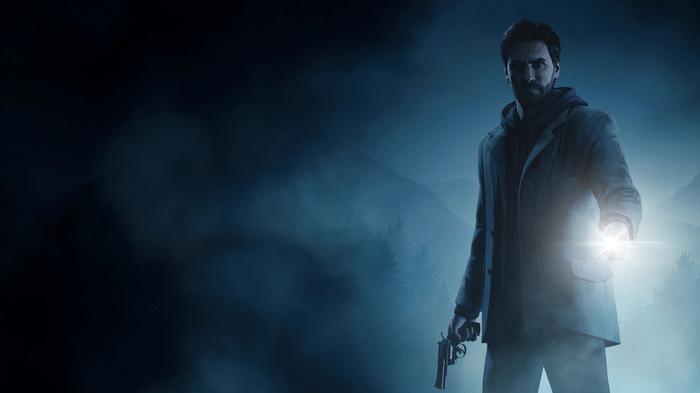 Alan Wake shines a flashlight and holds a gun in a promotional poster for Alan Wake.