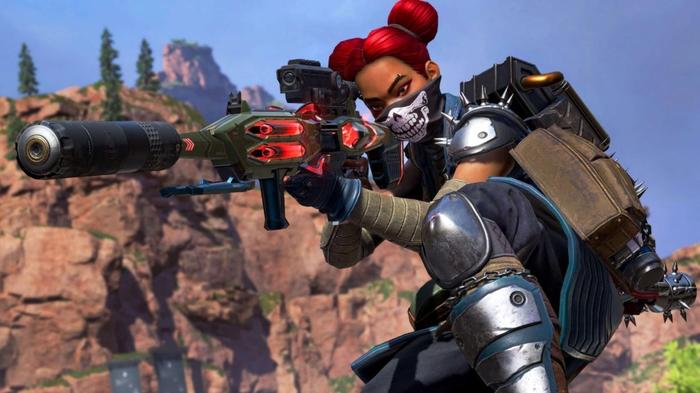 Apex Legends. Lifeline is in Kings Canyon wearing Bad to the Bone Skin while holding a sniper rifle. 