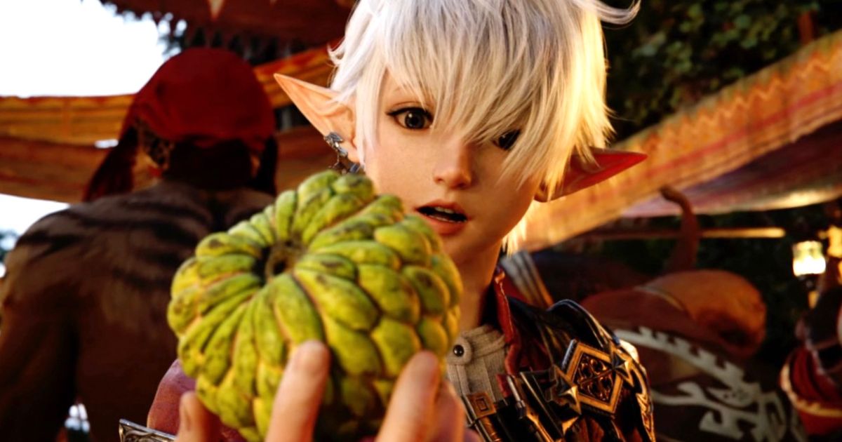 A final fantasy xiv character holding a fruit in their right hand 