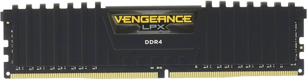 Corsair Vengeance LPX product image of a black RAM featuring yellow branding.