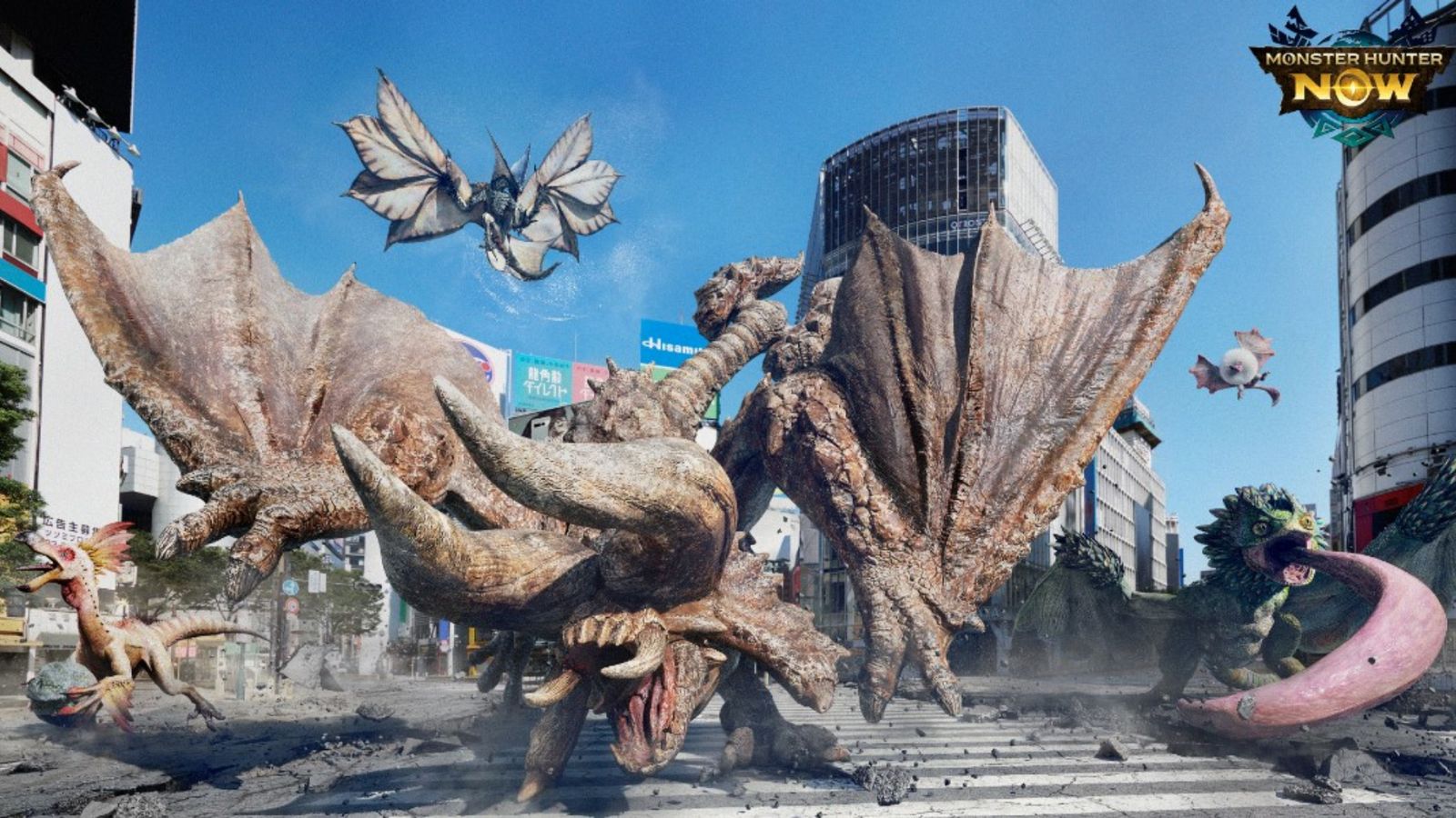 Monsters attacking a city in Monster Hunter Now.