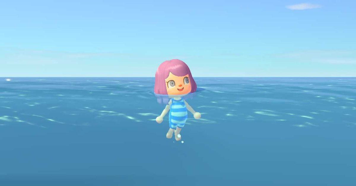 Animal Crossing New Horizons. The player is swimming in the middle of the ocean with a blue stripy wetsuit on.