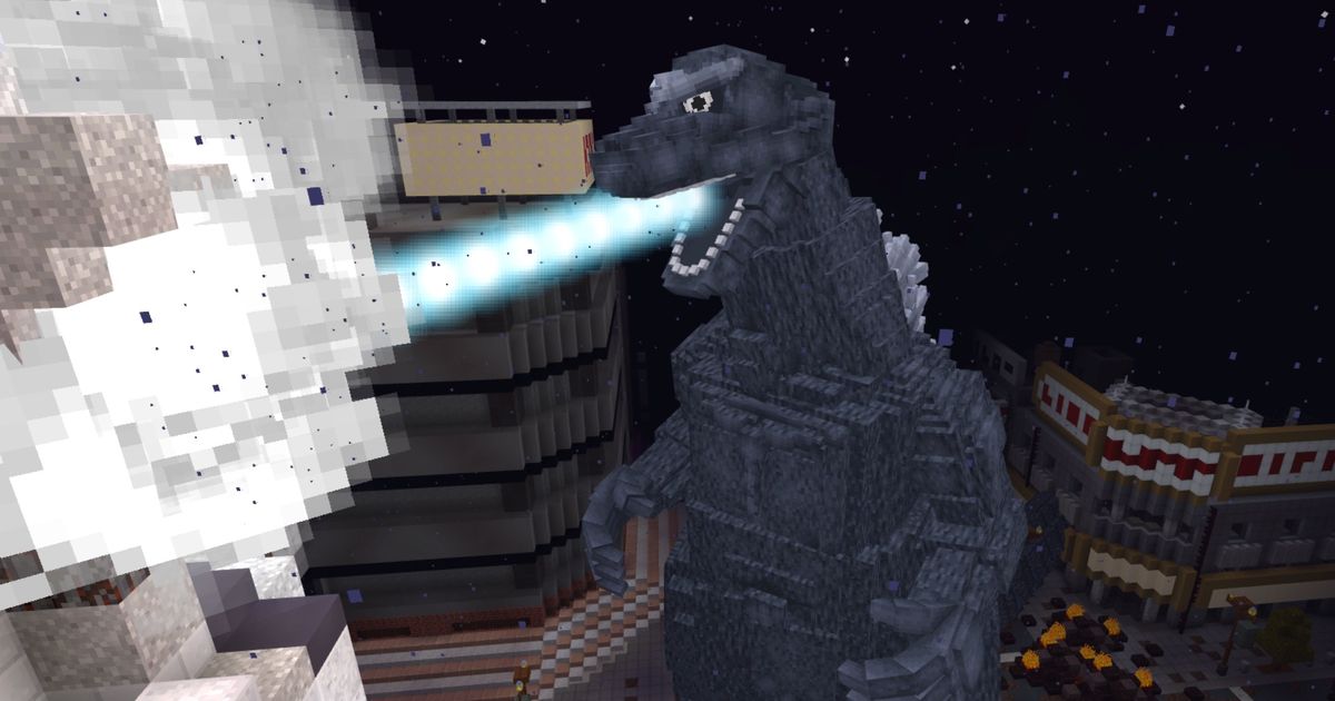 Minecraft Godzilla using his Atomic Breath on a building 