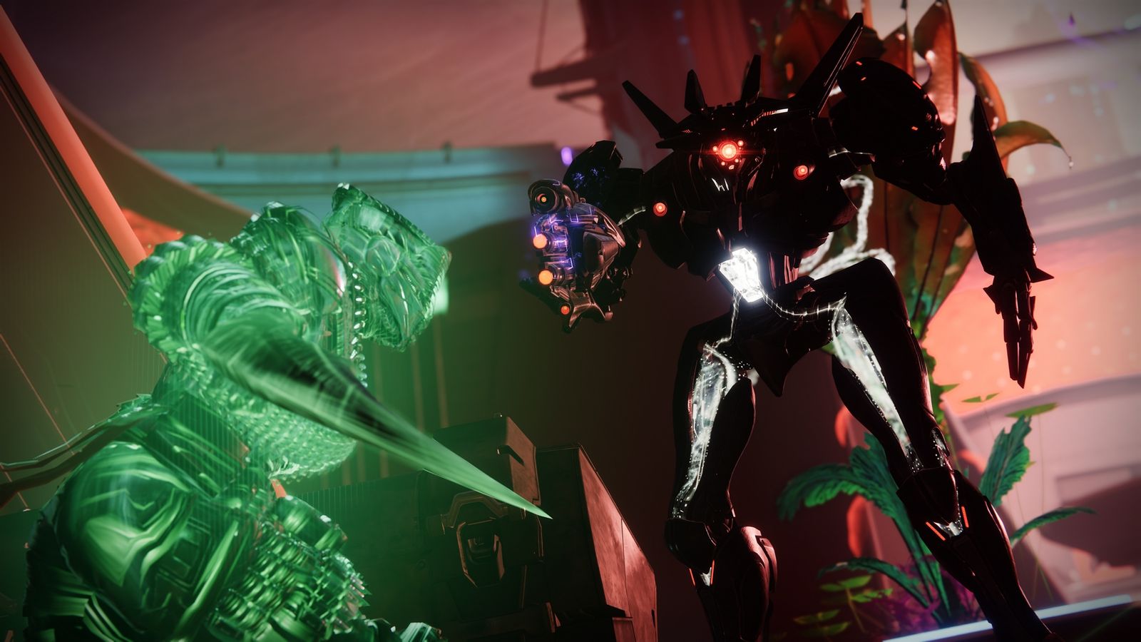 picture of a Strand guardian facing down a Vex