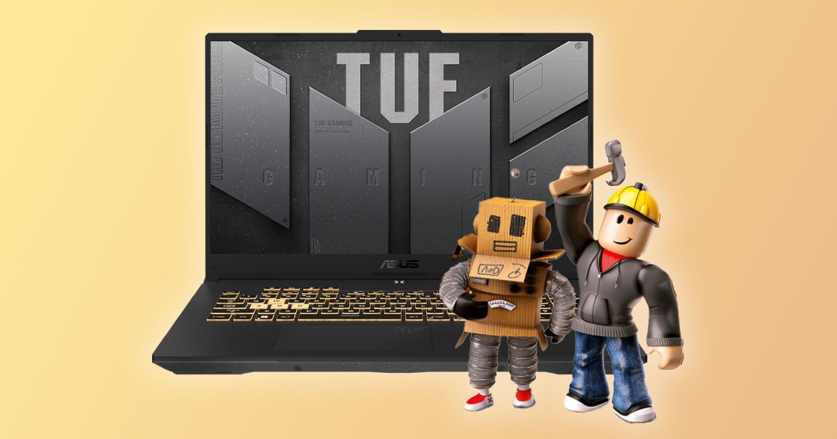 A gray gaming laptop with yellow lighting behind the keys and two Roblox characters in front of it in front of an orange and peach gradient background.