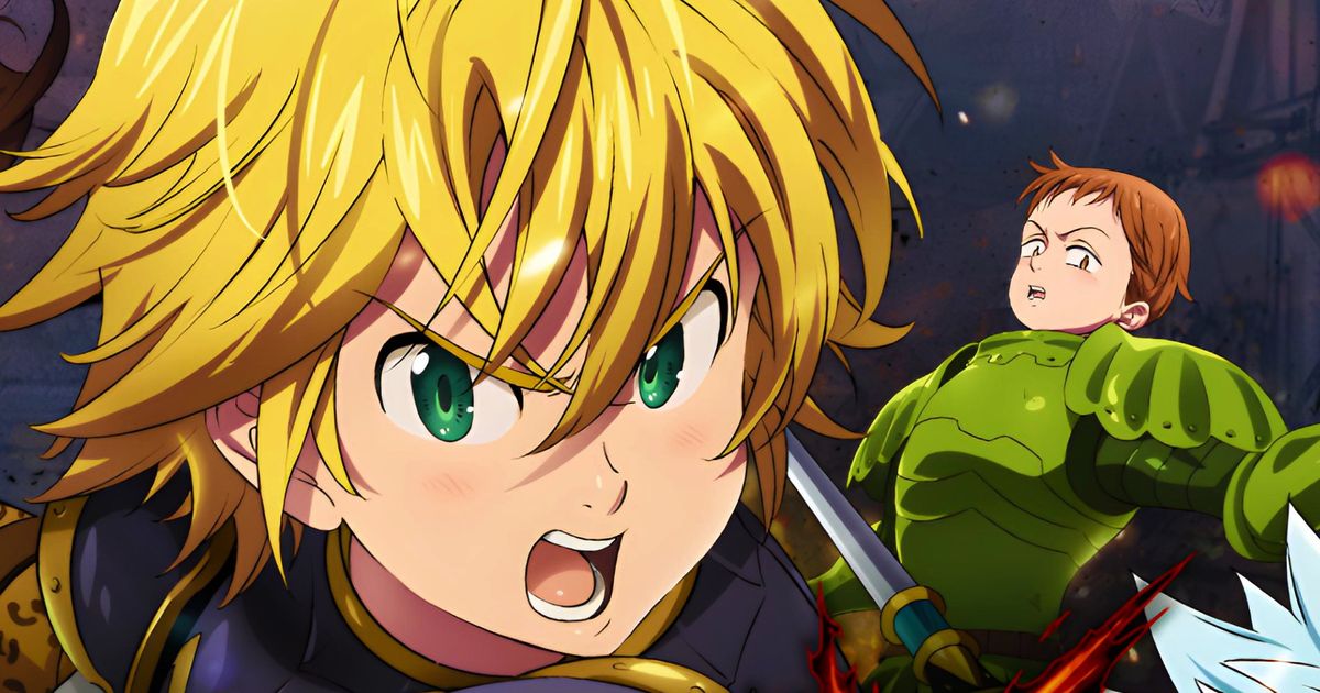 Seven Deadly Sins - close-up portrait of a blonde boy with his mouth open, with a boy in green armour stood to the right
