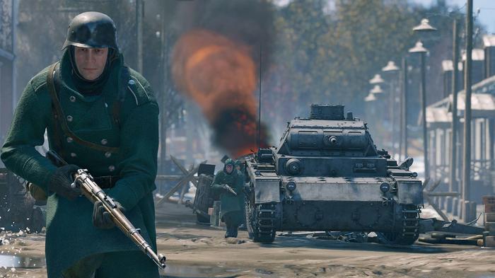 Image of a soldier walking away from a tank in Enlisted.