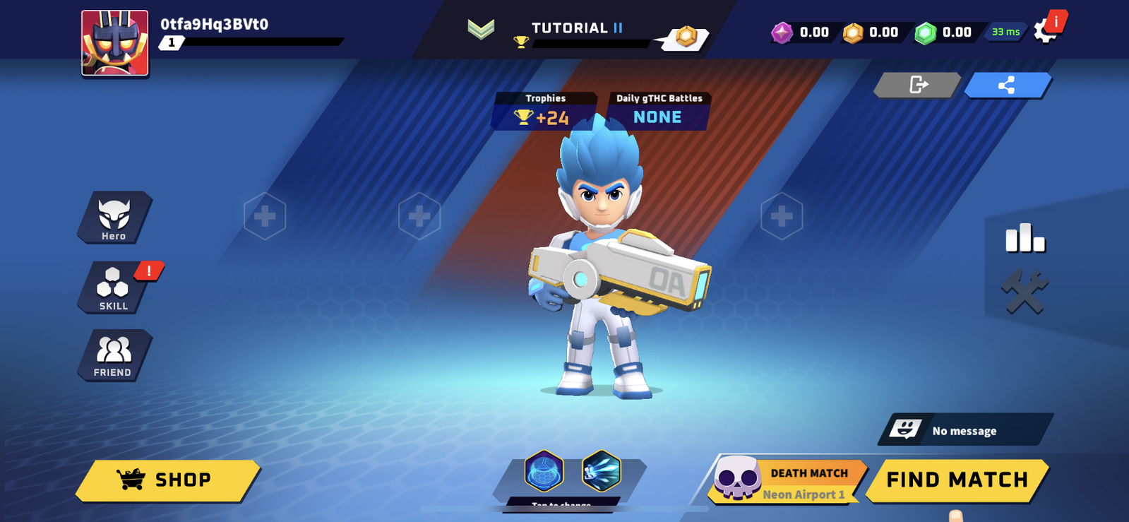 Screenshot from Thetan Arena, showing the pregame lobby and a character that ranks high on the Thetan Arena tier list right now.