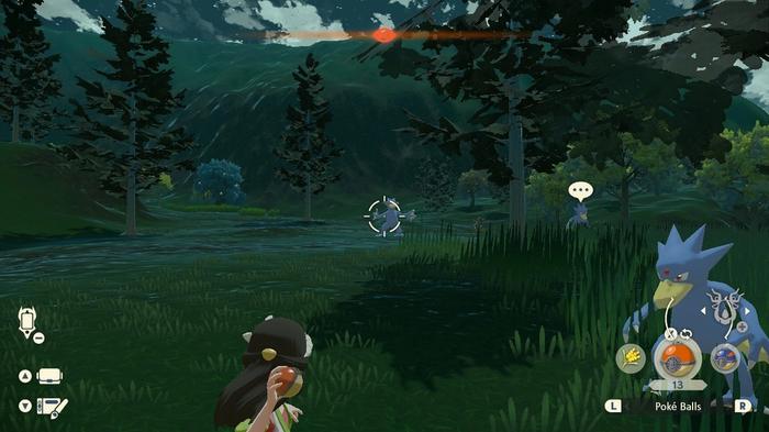 A player attempting to catch a Golduck in the Coronet Highlands in Pokémon Legends: Arceus.