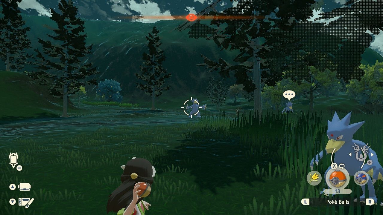 A player attempting to catch wild Golduck Pokémon in Crimson Mirelands in Pokémon Legends: Arceus.