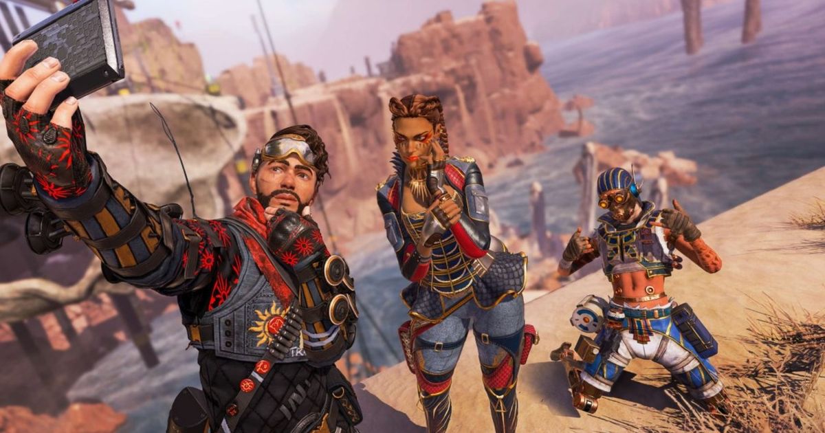 Apex Legends Mirage Loba and Octane taking a selfie in Kings Canyon Season 5