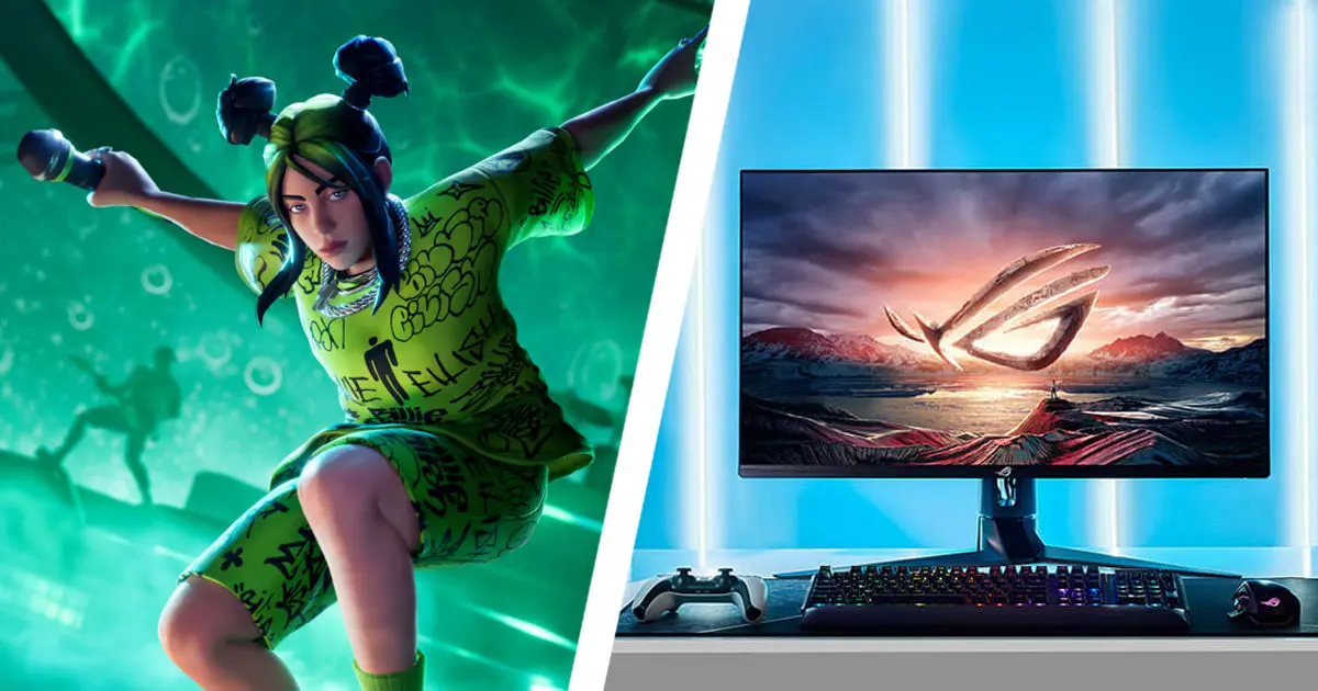 Billie Eilish in Fortnite wearing all-green with black graphics on their clothes on one side of a white line. On the other, a black monitor with an image of a sunset behind a mountain and ASUS branding on the display.